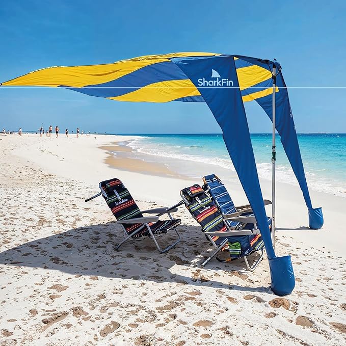 Shark FIN Shade Beach Tent Wind Sun Canopy Portable Easy Set Up UPF 50+ No Assembly Required 3-30 MPH - 1 to 8 People - Tie Downs Included - 2 Sizes Large 9' X 10' & Giant 13.5' X 10' PATENTS Pending