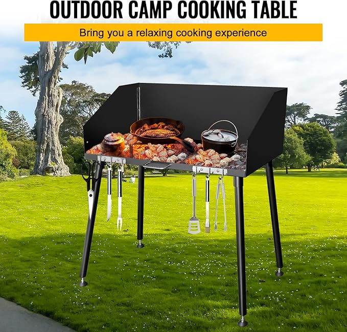 Carbon Steel Camp Cooking Table,30x16 Inch Dutch Oven Table,with Three-Sided Windscreen and Four Legs for Grill Travel Table Outdoor Picnic,Beach,BBQ,Backyards