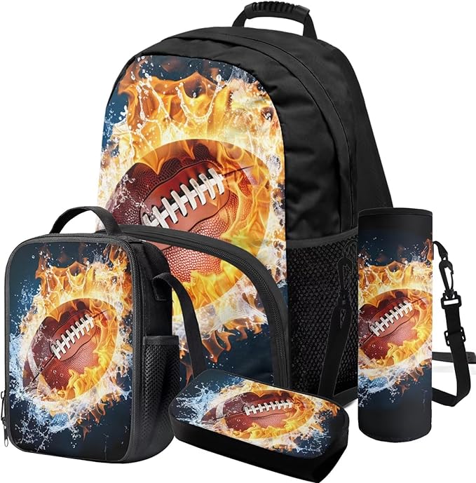 Football Backpack with Lunch Box Fire Bookbag Practical Portable Boys Bookbag Age 6-8 with Lunch Box 4 in 1 School Bag for Boys 7-8 Travel Daypack Outdoor Camping Graduation Gifts