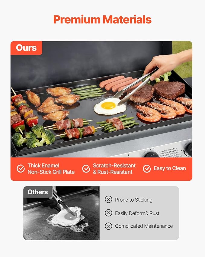 VEVOR Gas Griddle, 4-Burner Flat Top Grill, 29 inch Grill Plate Propane Griddle with Wheels, Lid, 28000 BTU Outdoor Flat Top Grills for Pan-Frying, Grilling, Stir-Frying, & BBQ, Pulse Ignition