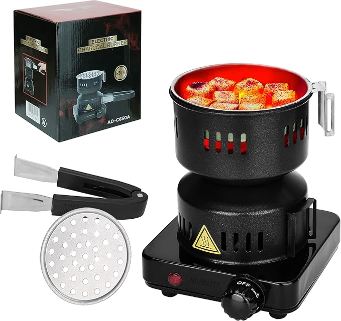 Electric Stove Coconut Charcoal Starter, ETL Approved Coal Burner for with Detachable Handle Stainless Steel Grill & Rack Smart Heat Control Long Cable for BBQ Kitchen