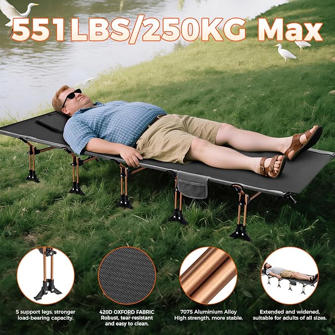 KingCamp Oversized XXL Camping Cot, Folding Portable Lightweight Ultralight Large Wide Heavy Duty 551lbs Sleeping Bed for Adult Backpacking Outdoor Travel Hiking Tent, Black