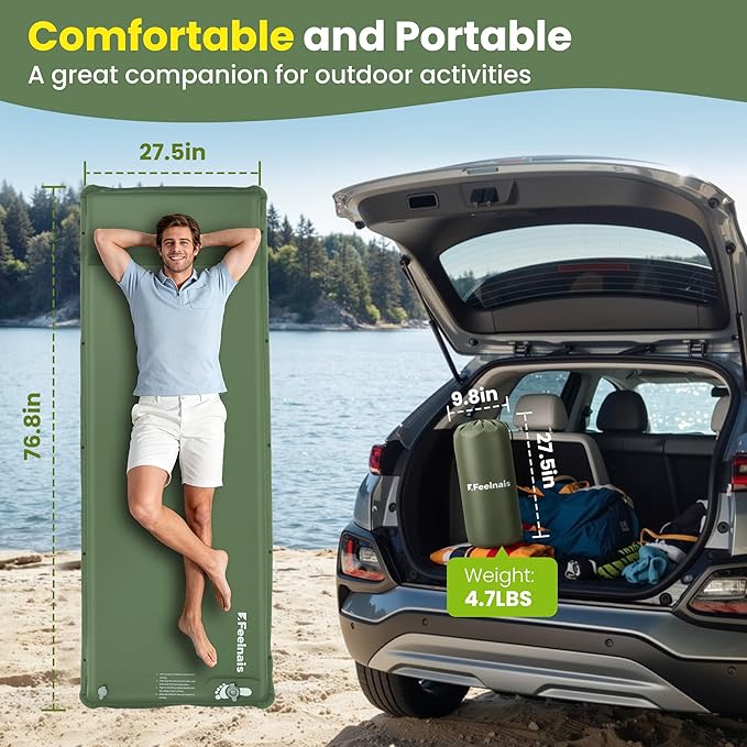 Camping Sleeping Pad, Built-in Foot Pump Inflatable Sleeping Pads, Memory Foam Mattress with Pillow, 4 Season Camping Mattress Pad, Camping Essentials Gear for Tent, Car, Hiking - Green