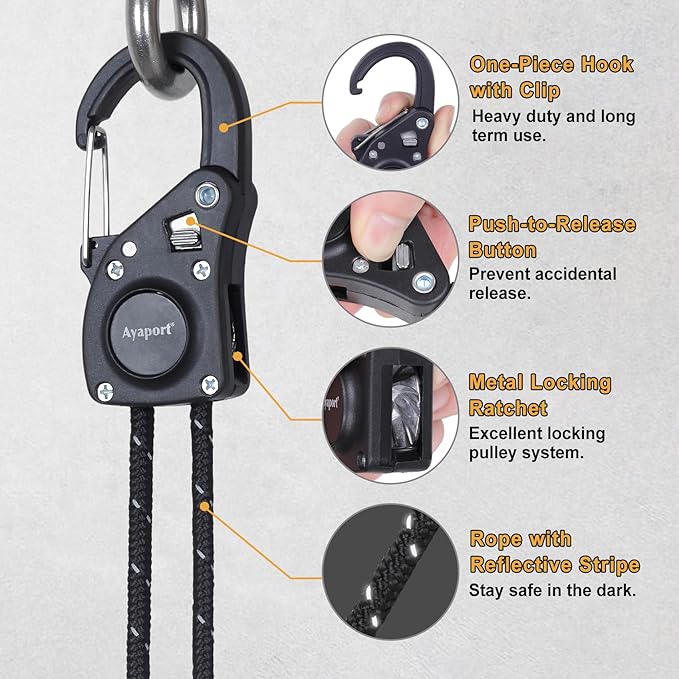 Ayaport Rope Tie Down Ratchet with Carabiner Clip 1/4" x 12' Rope Cord Tightener Heavy Duty Construction Kayak tie Downs for Tent, Tarp, Camping