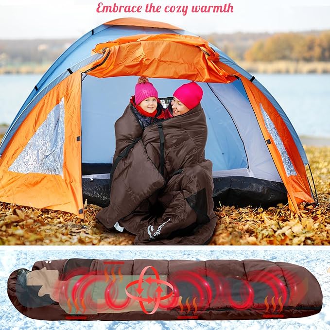 Sportneer Heated Sleeping Bag with 5 Heating Zones, Warm Flannel Cold Weather Sleeping Bag for Adults, 3 Heat Levels USB Powered (Power Bank Not Included), Winter Camping & Outdoor Hiking