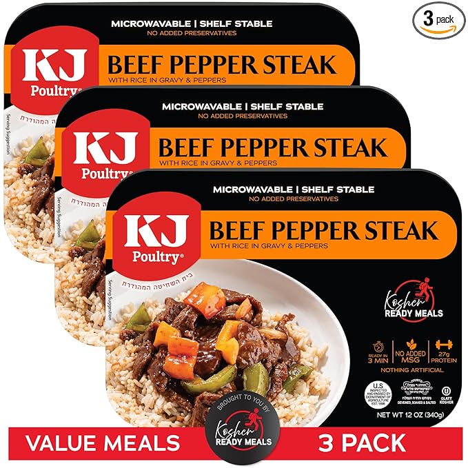 KJ Poultry Kosher Ready Meals - Beef Pepper Steak & Rice, MRE Meat Meals Ready to Eat (3 Pack) Prepared Entree Fully Cooked, Shelf Stable Microwave Dinner Travel, Military, Camping, Emergency Survival
