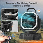 Odoland Portable Camping Fan with LED Lantern, 20000mAh Rechargeable Battery Powered Fan with Auto Oscillation, Timer, Remote, 360° Rotation Hook, 4 Speeds for Power Outage Travel Home,Black