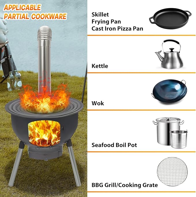 Wood Burning Stove Portable Camping Rocket Stove for Outdoor Cooking Removable Iron Firewood Stove with Grill Rack Charcoal Grill Tent Stoves for Backpacking Hiking (17in-3 Wok Rings-2)
