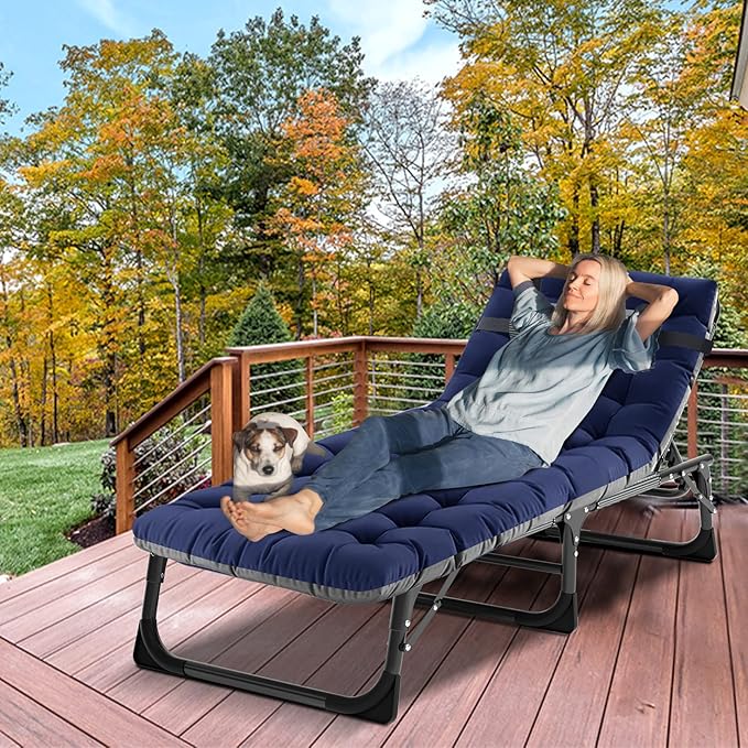 DoCred Folding Lounge Chair with Mattress, 5 Position Adjustable Folding Sleeping Bed Cot Chaise Lounge Chairs Perfect for Sunbathing, Camping, Pool, Beach, Patio