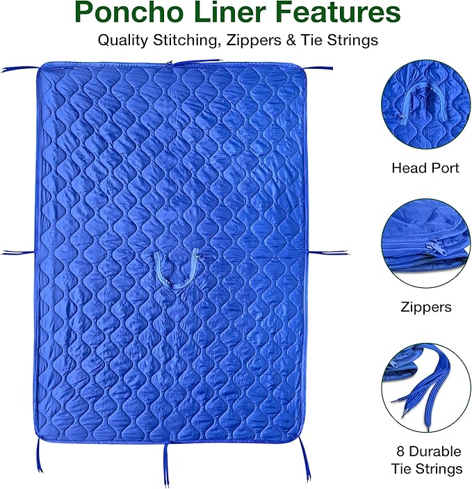Wearable Blue Military Woobie Poncho Liner with Head Hole. Has Zippers That converts to Sleeping Bag. Water-Resistance, Ripstop Poncho Blanket with Drawstring Bag. Perfect for Outdoor Enthusiasts.
