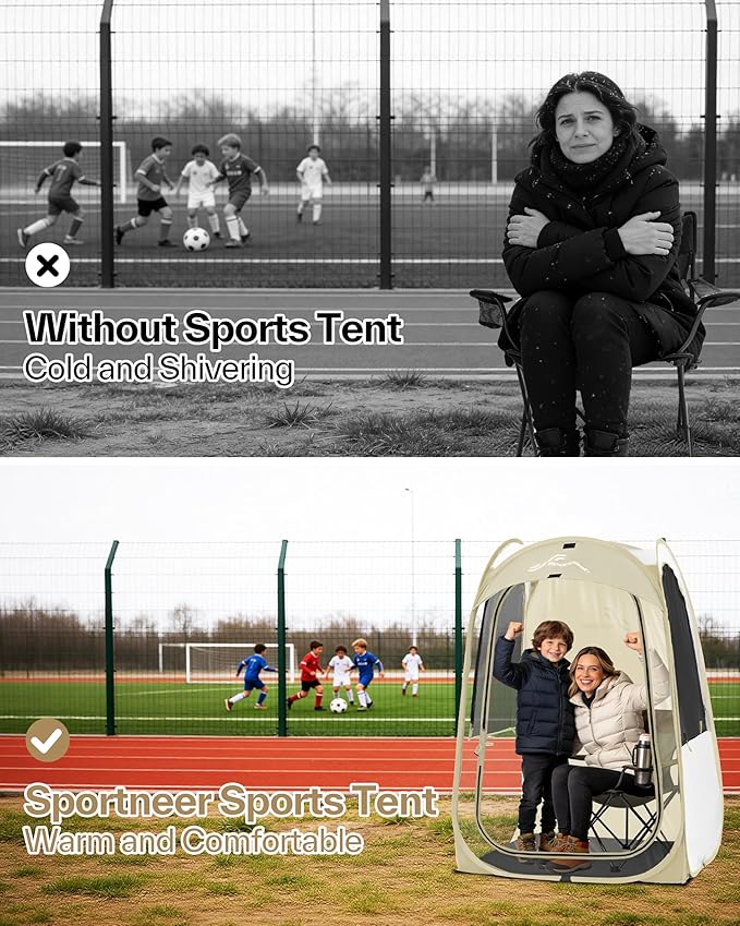 Sportneer XL Clear Pop Up Sports Tent, 46" L x 46" W x 63.5" H Spacious Outdoor TPU Shelter for 1 Adult & 1 Child, Warm All-Weather Bubble Pod with Instant Setup, Wind & Rain Guard for Spectators