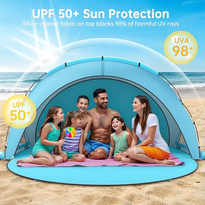 Beach Tent Sun Shelter, Beach Shade Tent with UPF50+ UV Protection, Sun Shelter for 1-6 Person, Beaches Shade with 2 Zippered Doors, Portable Tents for Camping Fishing, Light Blue