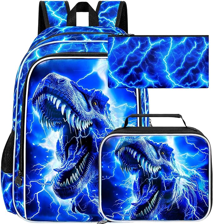 17" Dinosaur Backpack for Boy, 3Pcs Lightning Bookbag for Elementary Preschool Kindergarten, Kids School Backpacks with Lunch Box (Blue)