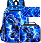 17" Dinosaur Backpack for Boy, 3Pcs Lightning Bookbag for Elementary Preschool Kindergarten, Kids School Backpacks with Lunch Box (Blue)