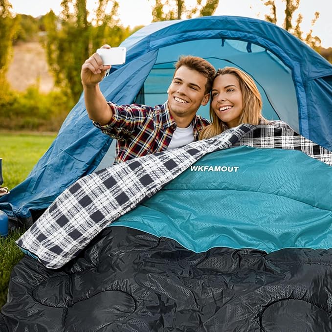 Double Sleeping Bag for Adults Machine Washable 2 Person Camping Sleeping Bag Queen Size Waterproof with Compression Sack for Cold Weather 3-4 Seasons
