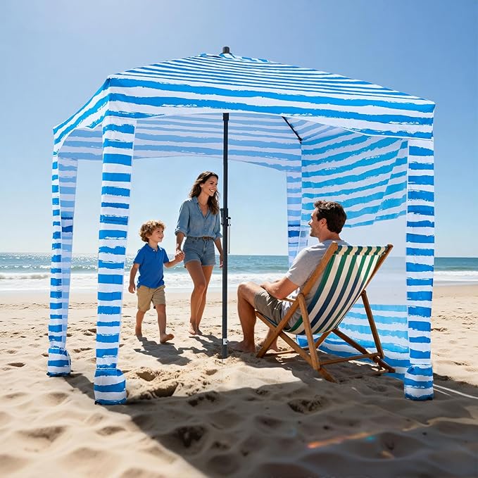 VEVOR Beach Cabana, 6 x 6 ft Beach Canopy with Side Wall, UPF 50+ Protection Easy Setup Cabana Tent with Sand Pockets, Portable Shade Sun Shelter Umbrella for Whole Family & Friends, Blue Stripes
