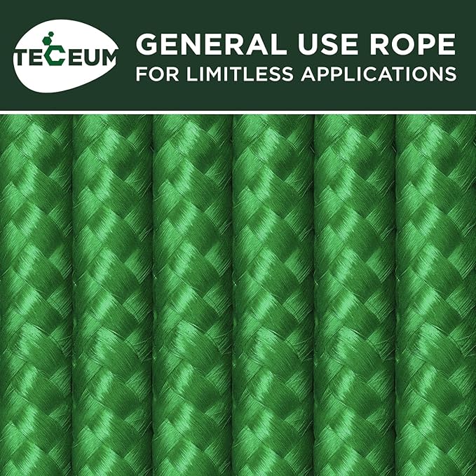 TECEUM Rope – 150 Feet x 1/4 Inch (7mm) – Green – Strong All-Purpose Utility Rope – Camping, Crafting, Flag Pole, Indoor & Outdoor – Polypropylene Nylon Poly Lightweight Diamond Braided Cord