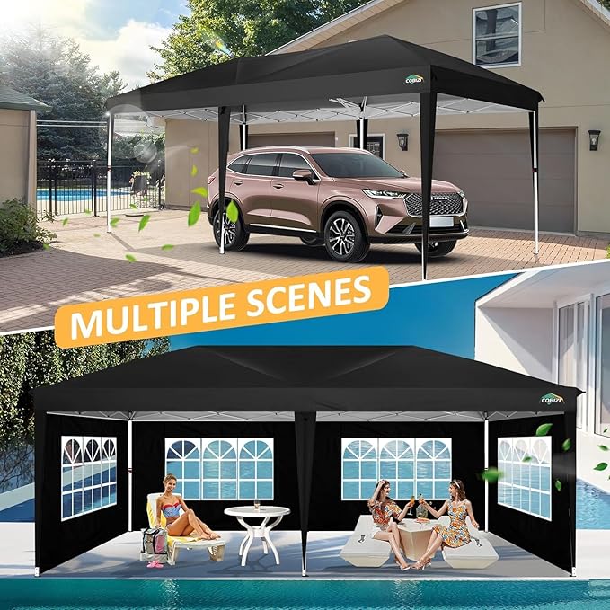 COBIZI 10x20 Pop up Canopy Tent Without Sidewall, Waterproof Portable Outdoor Canopy 10x20 Instant Shelter Tent for Parties, Wedding, Backyard, Carport with Carry Bag & 4 Sandbags(Black)