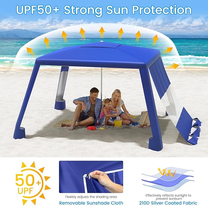 MoKo Beach Cabana, 8'×8' Large Beach Canopy with Side Wall, UPF 50+ Protection Easy Setup Beach Tent Sun Shelter, Adjustable Height Wind Resistant Cabana Beach Tent for Whole Family, Navy Blue