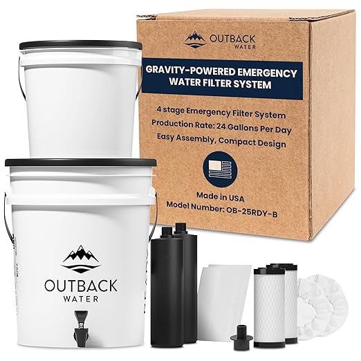 Outback Water Emergency Drinking Water Filter System - Gravity Fed Bucket Potable Water Filtration for Survival, Off-Grid, Disaster Preparedness, Travel, & Camping, Bug Out Kit, w/Extra Filter Set