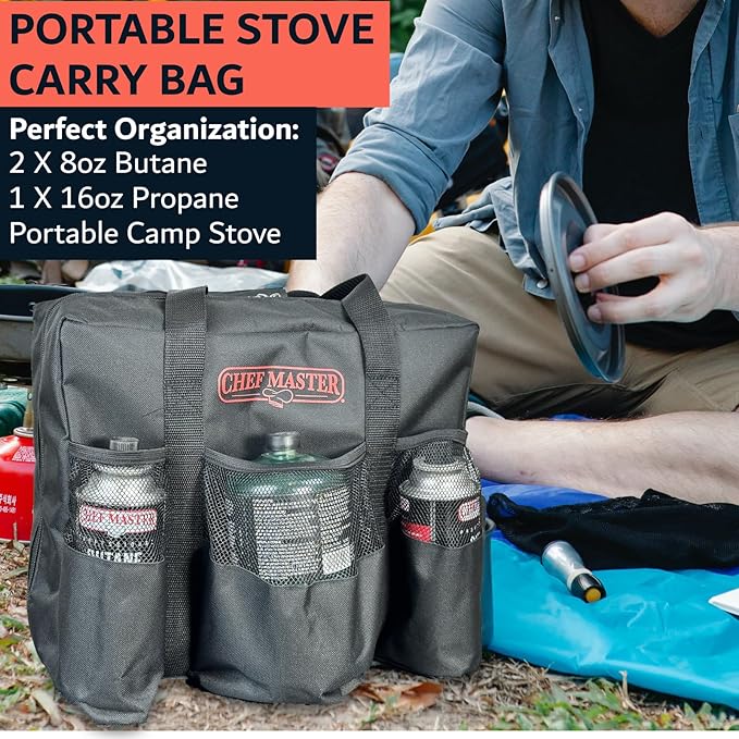 Chef Master Camp Stove Carry Bag - Multi-Pocket for Camp Stove & Butane/Propane Fuel Canisters - Fits Most Portable Gas Stoves - Rugged Camping Accessories - 90800