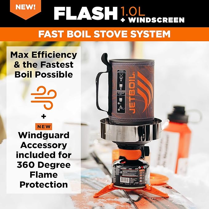 Jetboil Flash 1.0L Portable Fast Boil Stove with WindGuard for Camping and Backpacking, 1-Step Auto Ignition, New for 2026, Propane/Isobutane Burner, Topo