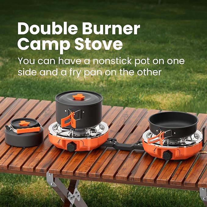 Propane 2 Burner Camping Stove Kit with Camping Cookware, Outdoor Folding Propane Gas Stove, Camp Portable Stove and Camping Cooking Set, With 20,000 Total BTUs for BBQ, Tailgating, Camping