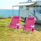 GYMAX Beach Chair, 330lbs Backpack Lounger with 5-Position Backrest, Storage Bag, Side Pocket, Towel Bar & Headrest, Foldable Low Beach Lounge, Portable Aluminum Lay Out Camp Chair (1, Pink)