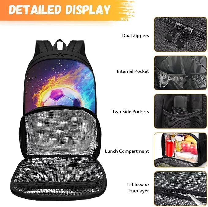 Orange & Blue Fire Soccer Insulated Cooler Lunch Bag Backpack Fashion Laptop Backpack Computer Bag Meal Prep Backpack for Picnic College Travel Kids School Bookbag