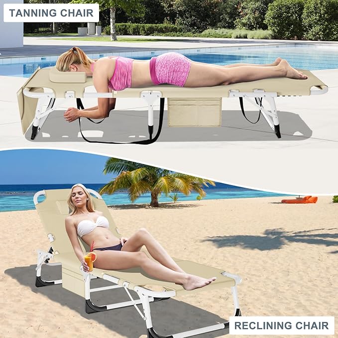 Slsy Face Down Folding Lounge Chairs Outdoor, Adjustable Sleeping Cot Chair, Portable Folding Bed Cot Chaise Lounge Chairs for Outside Beach Lawn Camping Pool Sun Tanning
