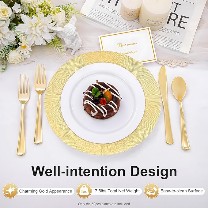 DYRABREST 50 Pcs Gold Charger Plates, 13 Inch Bulk Round Charger Plates Plastic Wedding Dinner Elegant Reusable for Table Setting Wedding Party Event Tabletop Setting Decor (Gold)
