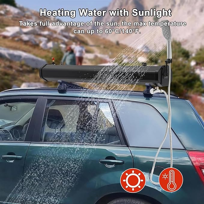 Pressurized Camping Shower with Solar Heating, Portable Water Tank for Outdoor Activities Including Overlanding, Surfing, and Fishing