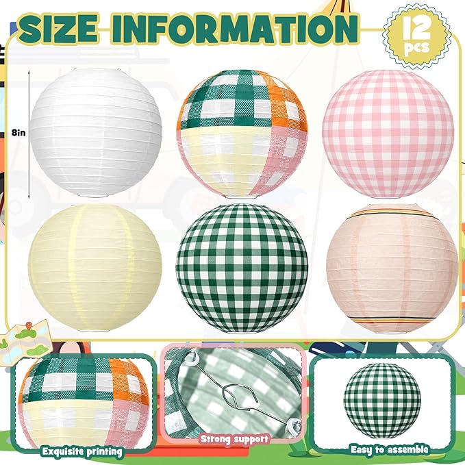 12 Pcs Camp Gingham Paper Lantern Cute Camping Bachelorette Decorations Kit Pink Green Gingham Camp Bride Supplies for Spa Wedding Bridal Engagement Baby Shower Party Decorations, 8inch