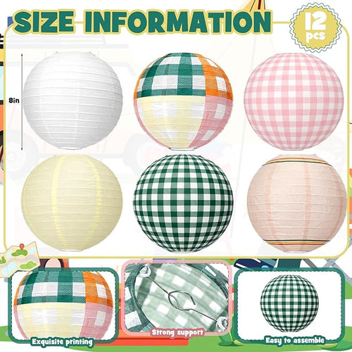 12 Pcs Camp Gingham Paper Lantern Cute Camping Bachelorette Decorations Kit Pink Green Gingham Camp Bride Supplies for Spa Wedding Bridal Engagement Baby Shower Party Decorations, 8inch