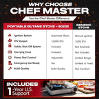 Chef Master 12,000 BTU Portable Butane Stove - Gas Burner for Camping & Outdoor Cooking - Countertop Cooktop with Carry Case, Wind Guard & Electronic Ignition - Portable Cooker & Burner Stove – 90235