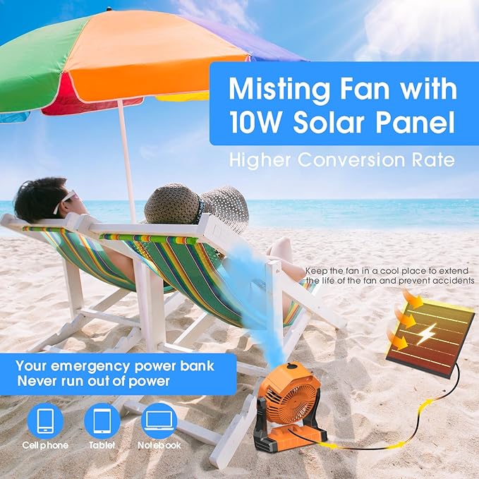 Ausic 10W Solar Fan with Mister, Misting Camping Fan with Solar Panel, Portable Outdoor Fans, 8 Inch Battery Operated Rechargeable Cooling Fans with Water Spray for Travel/Beach/Chicken Coop