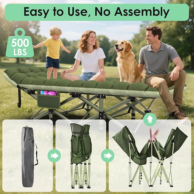 Suteck Camping Cot, Folding Camping Cot Bed for Adults Sleeping 1200D Double Layer Oxford Portable Folding Outdoor Cots for Camping W/Soft Pad Carry Bag for Home Office Nap Beach Travel, 500LBS