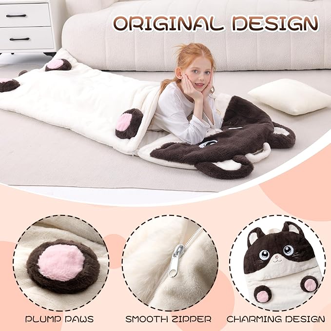 70" 4.2lbs Cat Thickened Kids Nap Mat for Preschool, Daycare,Kindergarten,Soft Washable for Boys and Girls, 2-in-1 Stuffed Animals Sleeping Bag and Pillow, Sleep Sack for Toddlers
