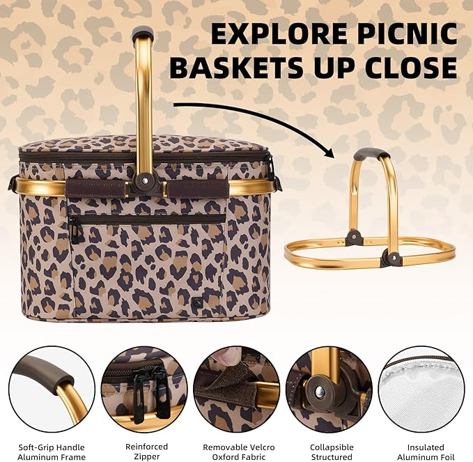 ALLCAMP Picnic Basket - Insulated Cooler, Thickening Foldable Picnic Basket with Removable Baskets & Sewn-in Frame, Basket for House Warming Gifts New Home(Leopard Print)