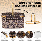 ALLCAMP Picnic Basket - Insulated Cooler, Thickening Foldable Picnic Basket with Removable Baskets & Sewn-in Frame, Basket for House Warming Gifts New Home(Leopard Print)