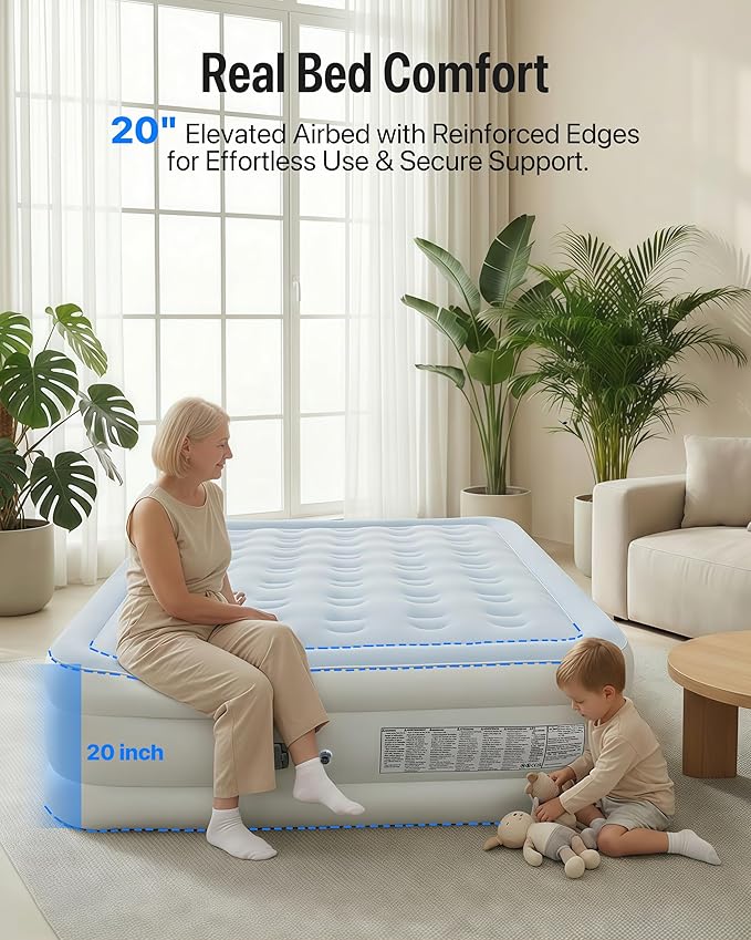 JEASONG Air Mattress Queen with Built in Pump, 20" Raised Blow Up Mattress, Cordless Inflatable Mattress, Air Bed with Headboard, Inflatable Bed Portable Airbed for Camping, Guest, and Home, 700 lbs