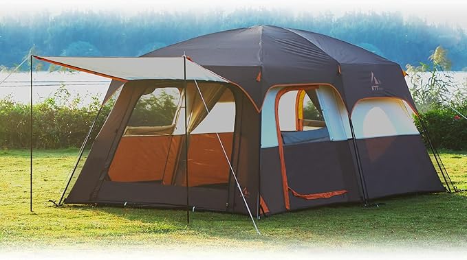 KTT Large Tent 6-8-10 Person,Family Cabin Tents,2 Rooms,2 Doors and 4 Windows with Mesh,Straight Wall,Waterproof,Double Layer,Big Tents for Outdoor,Picnic,Camping,Family Gathering