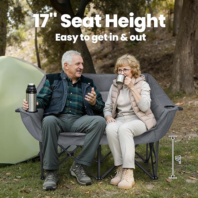 Double Camping Chair for Adults - Heavy Duty Folding Loveseat Support 700 lbs, 2 Person Padded Camping Couch Portable with Cup Holders & Storage Bag for Camping, Lawn, Sports, Grey