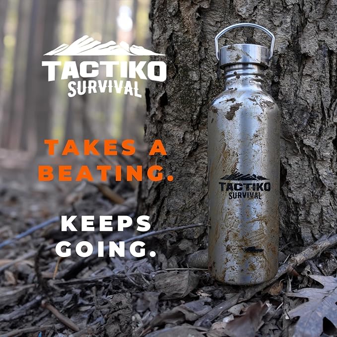 Tactiko Survival 34 oz/1000 ml Stainless Steel Wide Mouth Water Bottle, Single Wall Boil-Safe, Leakproof, BPA-Free with Carry Sleeve and Strap for Camping, Hiking, Outdoor Prep (Camo)