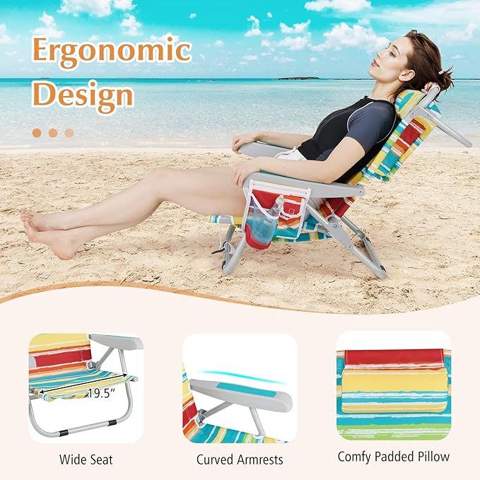 GYMAX Beach Chair, 330lbs Backpack Lounger with 5-Position Backrest, Storage Bag, Side Pocket, Towel Bar & Headrest, Foldable Low Beach Lounge, Portable Aluminum Lay Out Camp Chair (Colourful,2)