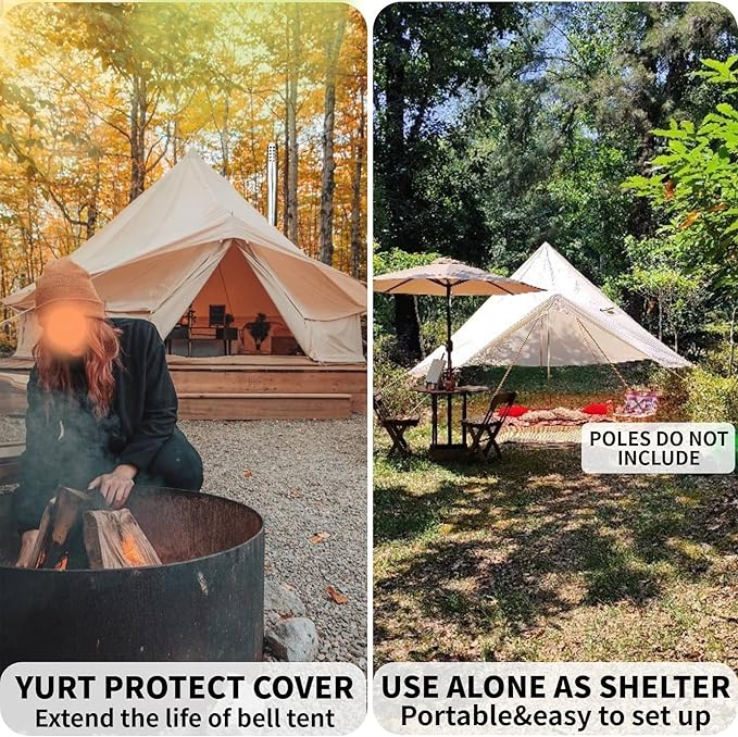 DANCHEL OUTDOOR Waterproof Rain Fly for Bell Tent, 4 Season Yurt Tent Rain Cover Protector Tarp with/No Stove Jack Glamping Gears, PU5000mm Lightweight 300D Oxford Polyester, Beige(13ft/16.4ft/20ft)