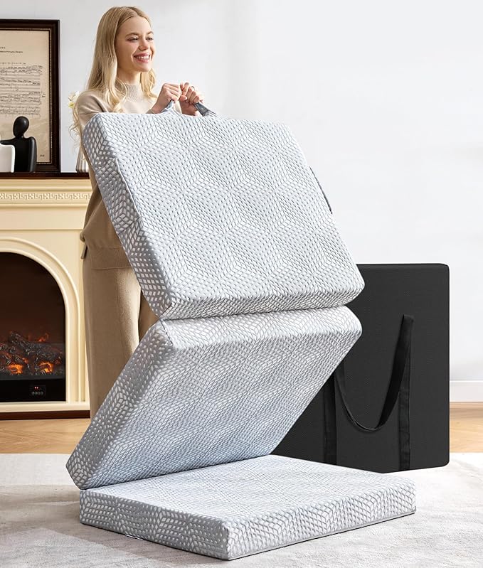 BDEUS Memory Foam Folding Mattress 4 Inch Small Queen Size with Protable Storage Bag, Trifold Mattress Topper Soft Guest Bed Floor Mat for Kids Camping Road Trip, Gray, 58 x 78 Inch