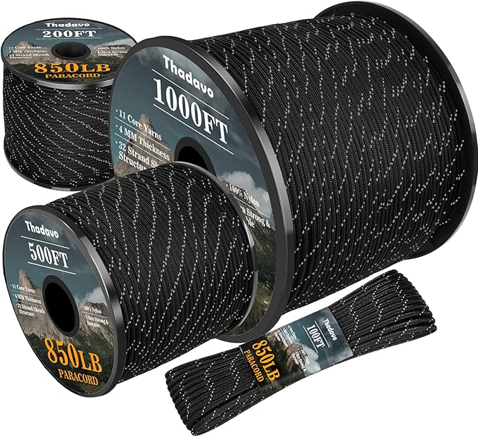 Reflective Paracord Rope 850Ib, 50/100/200/500/1000ft 4MM 11 Strand para Cords Lanyard Utility Parachute Cord for Tent Camping Hiking Fishing Survival Tactical DIY Projects, Black 1000FT
