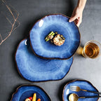 Camping Plates Creative Ceramic Dinner Plate Dark Blue Irregular Tablet Home Restaurant Western Plate Kitchen Decoration Tableware Decorative Plate(21.7 cm)