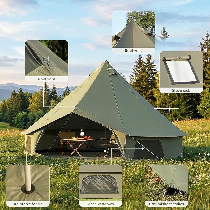 YOLENY Bell Tent, Yurt Tent 4/6/8/10 Person 4 Season Waterproof Glamping Tents w/Stove Jack for Family Camping Outdoor Party, Glamping Tents for Camping - 10/13.1/16.4FT